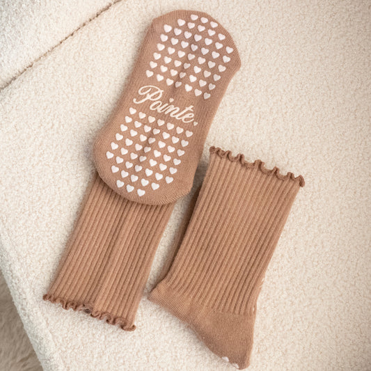 Beary Brown Ruffle Crew Grip Socks