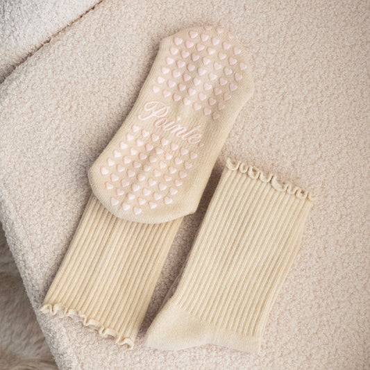 Beige Babe Ruffle Crew Grip Socks